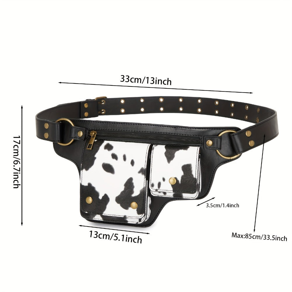 Multi Functional Practical Cow Pattern Waist Bag, Printed Waist Bag, Fashionable Collision, Metal Accessory Texture, Multi Pocket Practical And Multifunctional Design Handmade Waist Bag, Adjustable Chest Bag with Multiple Buckles