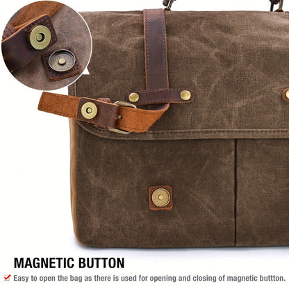 Mens Messenger Bag 15.6 Inch High Quality Vintage Genuine Leather Waxed Canvas Briefcase Large Leather Computer Laptop Bag Rugged Satchel Shoulder Bag