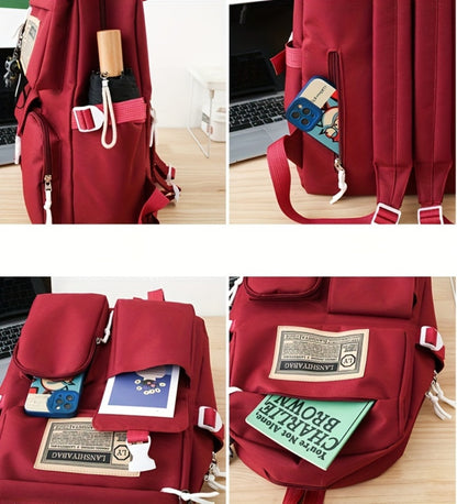 5pcs Solid Color Backpack Set, Large Capacity Double-ShoulderBag, Simple Tote, Pencil Bag, Casual Crossbody, Lightweight Student Shoulder Bag.