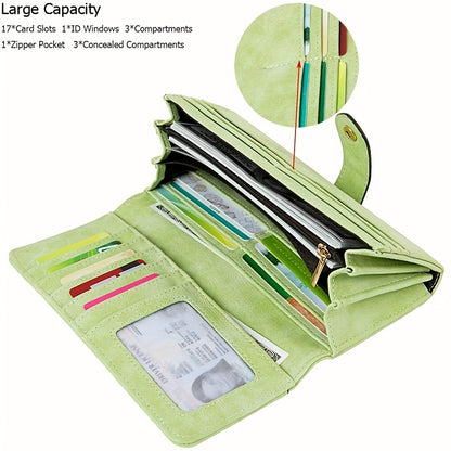 Women's Vegan Wallet, 17 Card Slots Card Holder Bifold, Large Capacity Zipper Pocket Phone Handbag with ID Window