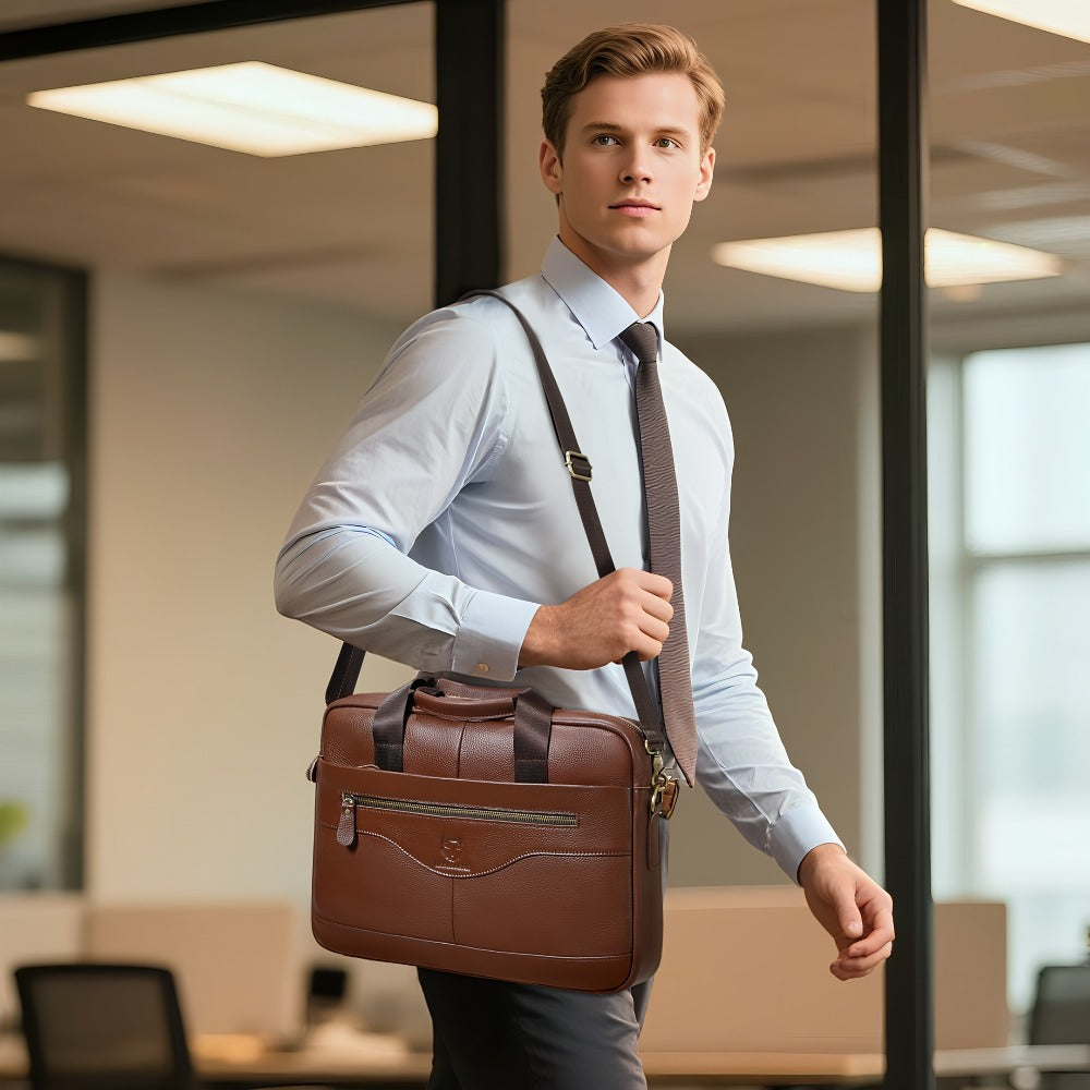 LEBULLBRO Premium Real Leather Executive Briefcase Made from Top-Quality Cowhide, Roomy Versatile Shoulder Bag Featuring a Laptop Section