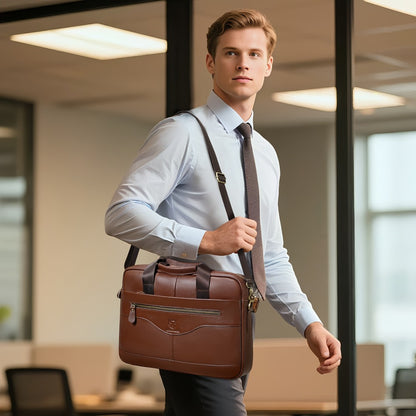 LEBULLBRO Premium Real Leather Executive Briefcase Made from Top-Quality Cowhide, Roomy Versatile Shoulder Bag Featuring a Laptop Section