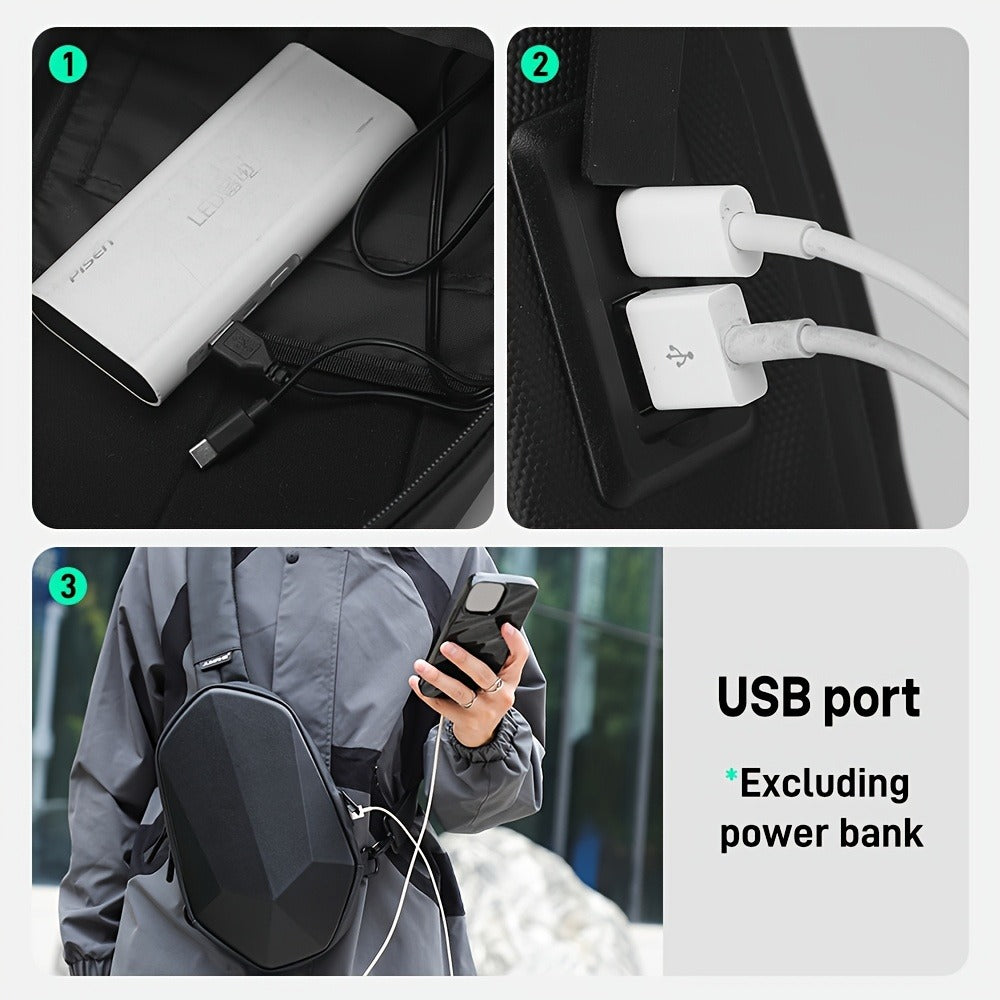 [Hard Shell Chest Bag] JUAMHE Men's Geometric Hard Shell Chest Bag, Scratch-Resistant and Crossbody Backpack with USB Port, Everyday Casual Bag