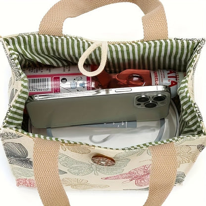 Fashionable Butterfly Printed Canvas Handbag - Portable Lunch Bag With Safety Buckle, Suitable For School, Travel, Picnicking, And Office Use