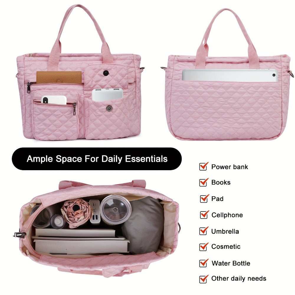2pcs/Set Large Lightweight Quilted Nylon Tote Bag for Women, Laptop Work Bags Crossbody Shoulder Hobo Messenger Handbag Purse Travel Gym Totes