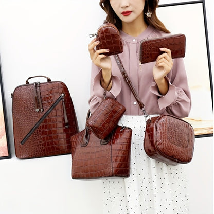 6pcs Set PU Minimalist Crocodile Embossed Women's Bag Set, High Cost Performance, Includes: Backpack, Tote Bag, Shoulder Bag, Clutch, Keybag, Wallet