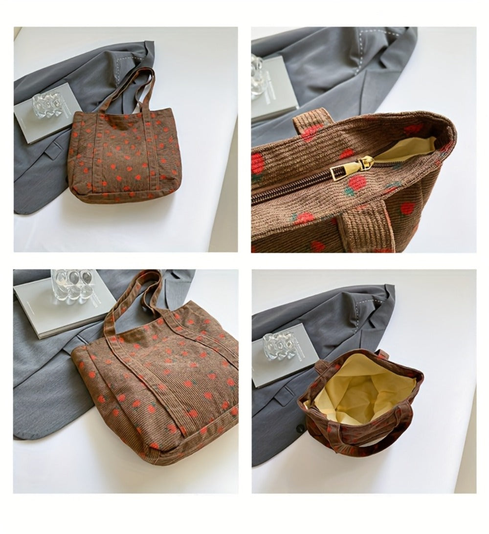 Women' Large Capacity Corduroy Tote Bag with Strawberry Pattern - /// Casual Handbag, Zipper Closure & - Corduroy Shoulder Bag for, Travel, Shopping