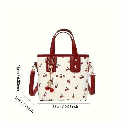 Women's Cherry Print Bucket Bag - White Crossbody Shoulder Bag with Golden Chain & Detachable Cherry Charm, Zipper Closure, Spacious Handbag for Work, Shopping, Party, Commute | Fashion Gift for Her Women's Discount Package