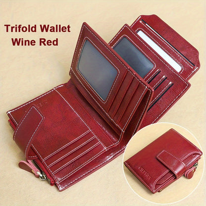 Fashion Genuine Leather Wallets for Women RFID Blocking Wallet Bifold Card Holder with ID Window Zipper Coin Pocket