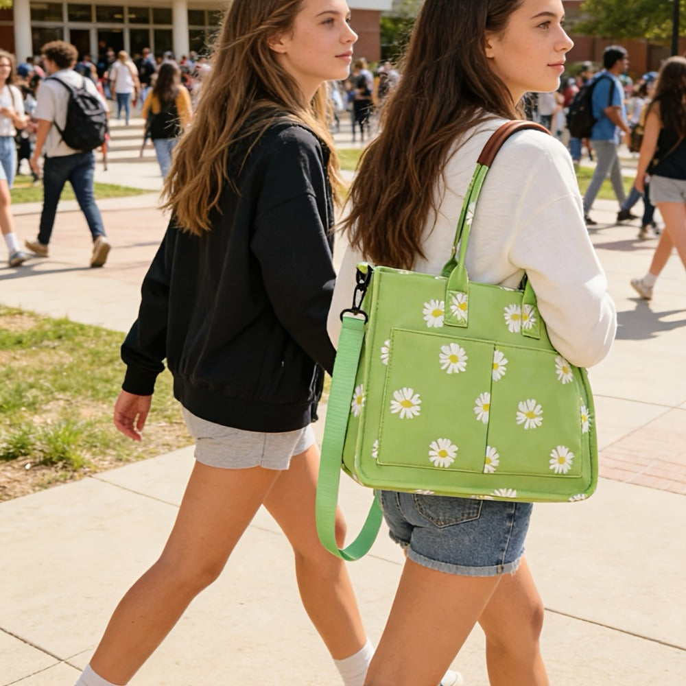Discount - Ladies' Large-capacity Handbag, Featuring Three-color Top Handles (pumpkin Skull, Peach And Daisy Patterns), Polyester Lining, with Detachable Shoulder Straps - Durable, Casual Sporty Design, Holiday Gift.