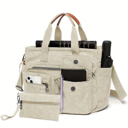 2pcs Set: Women'S Large Corduroy Tote Bag, Perfect as a Laptop Bag, Crossbody Shoulder Bag, Hobo Messenger Bag, Handbag, Travel Bag, Gym Tote Work Travel