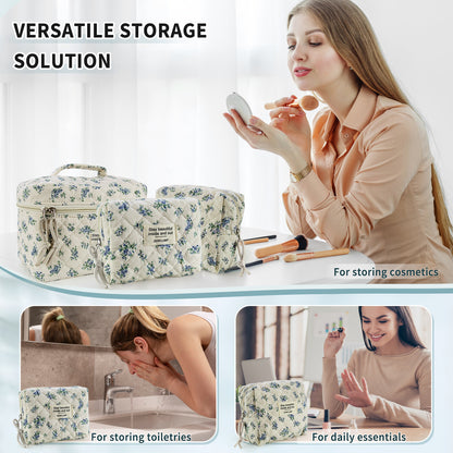 Cute Quilted Floral Makeup Bag (3Pcs)Coquette Aesthetic Cosmetic BagTravel Toiletry Bags Kawaii Aesthetic pouch for Women
