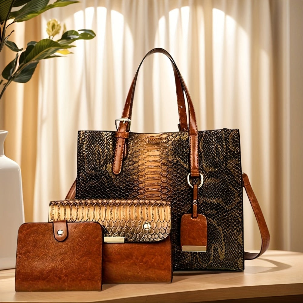Women'S Crocodile Pattern Satchel Handbags Stylish Tote Handbags Crocodile Purses for Women 3pcs Set