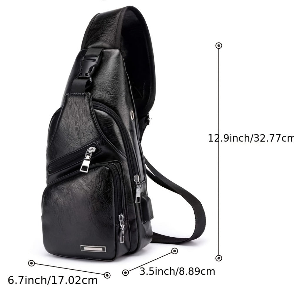 Faux Leather Sling Chest Bag, Lightweight Crossbody Bags for Men Women, Mini Sash Bag with USB Charging Port, One Strap Backpack for Travel Outdoor Camping (Light Brown/Black)