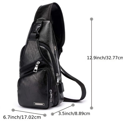 Faux Leather Sling Chest Bag, Lightweight Crossbody Bags for Men Women, Mini Sash Bag with USB Charging Port, One Strap Backpack for Travel Outdoor Camping (Light Brown/Black)