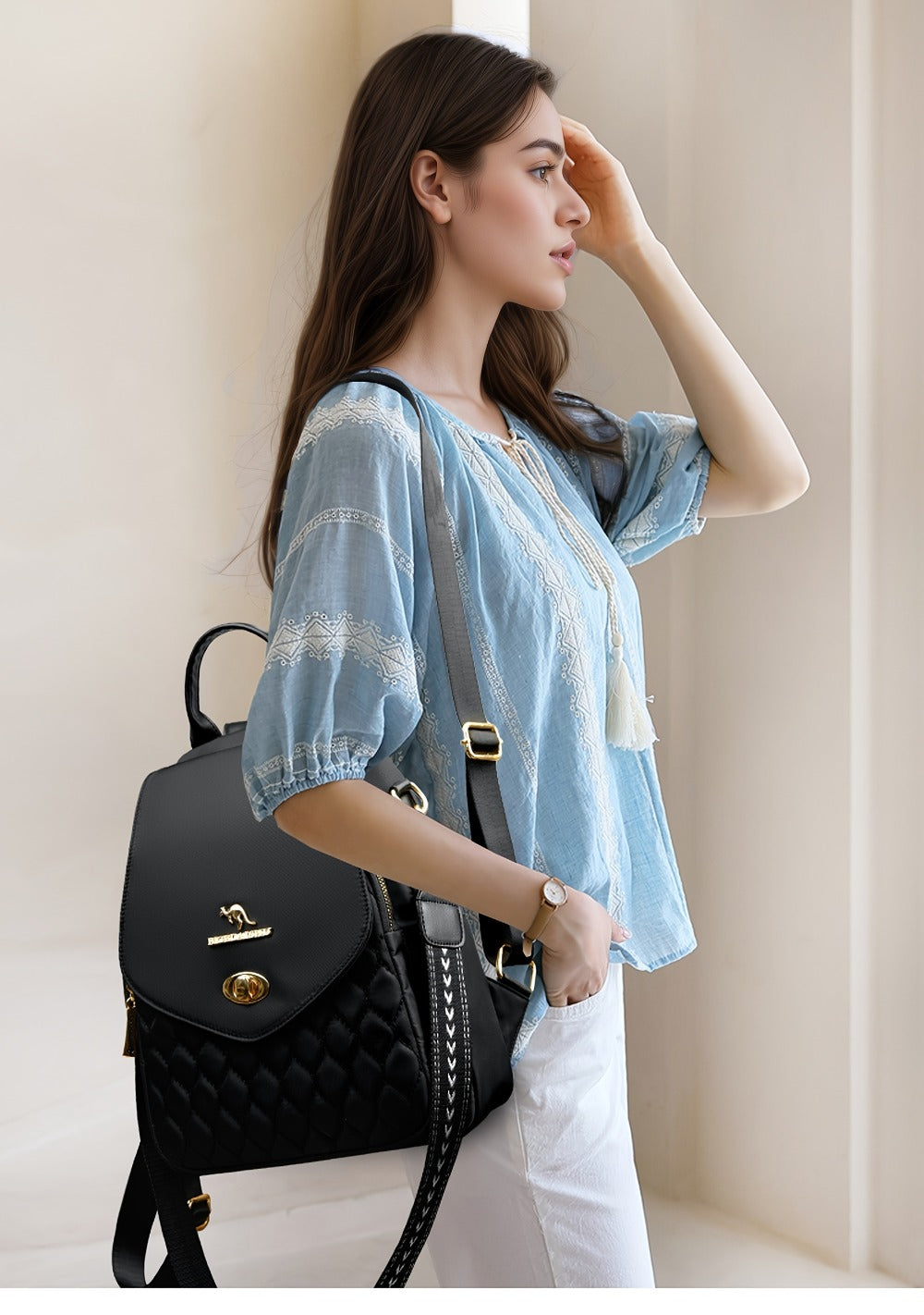 Trendy Urban Fashion Women'S Backpack - High-grade Texture And Pattern Design, Elegant And Practical, Golden Hardware Embellishment, Suitable For Commuting, Leisure, Travel, Ideal Holiday Gift