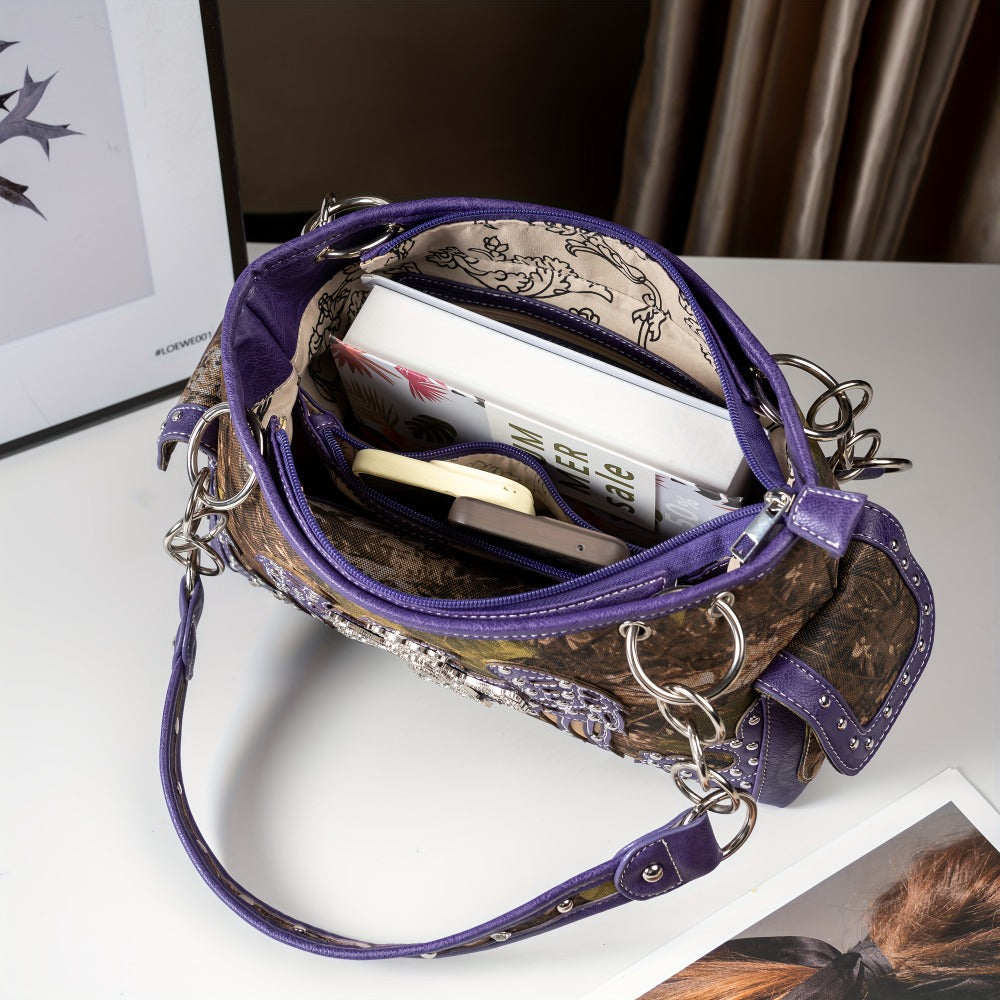 Camouflage Cross Wing Western Studded Handbag Workwear Synthetic Leather Wallet Rustic Women's Shoulder Bag Purse Set
