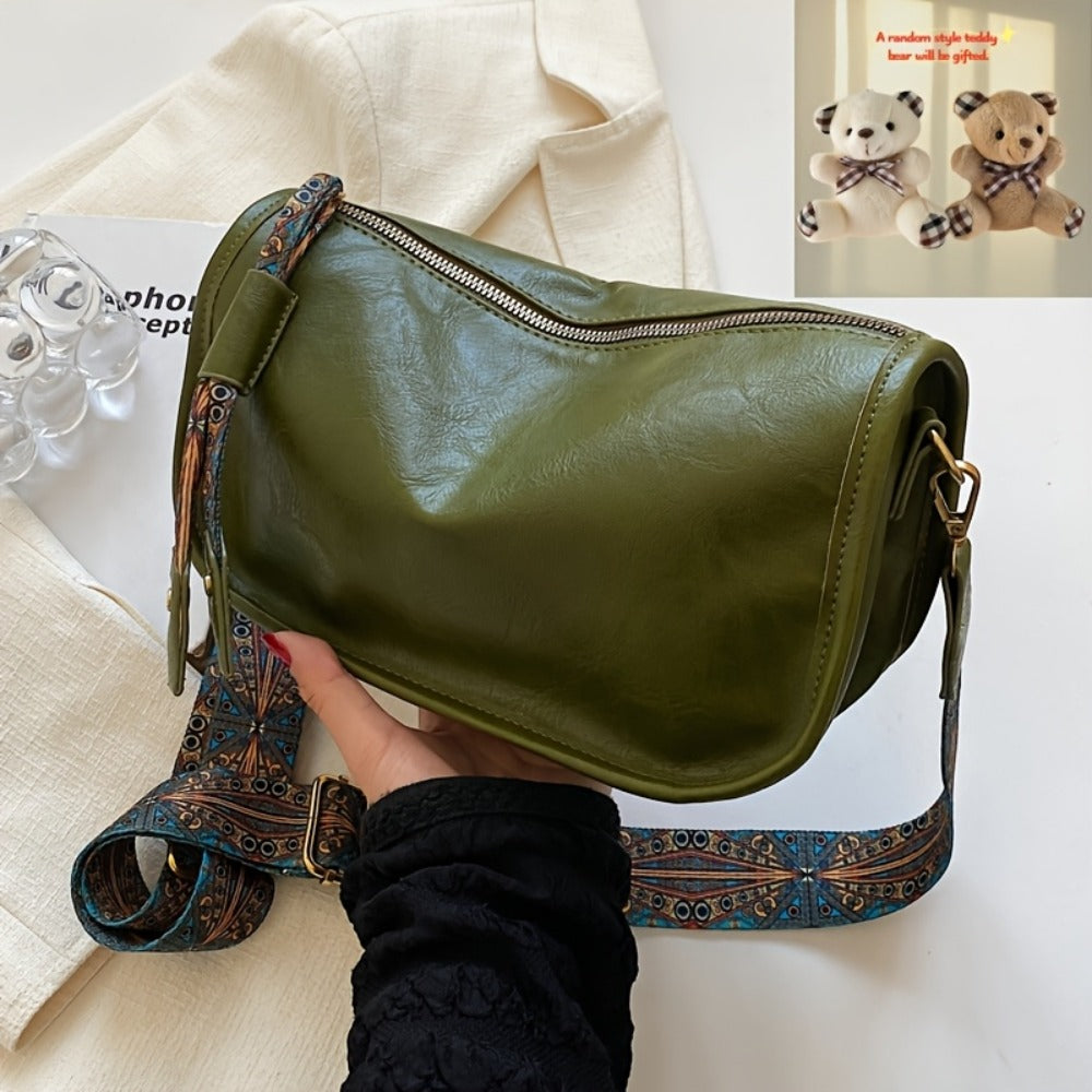 Bohemia Graphic Pattern Zipper Crossbody Bag, Ethnic Style Stylish Shoulder Bag with Wide Strap, A Random Bear Pendant, Large Capacity Daily Purse for Best Birthday Gifts