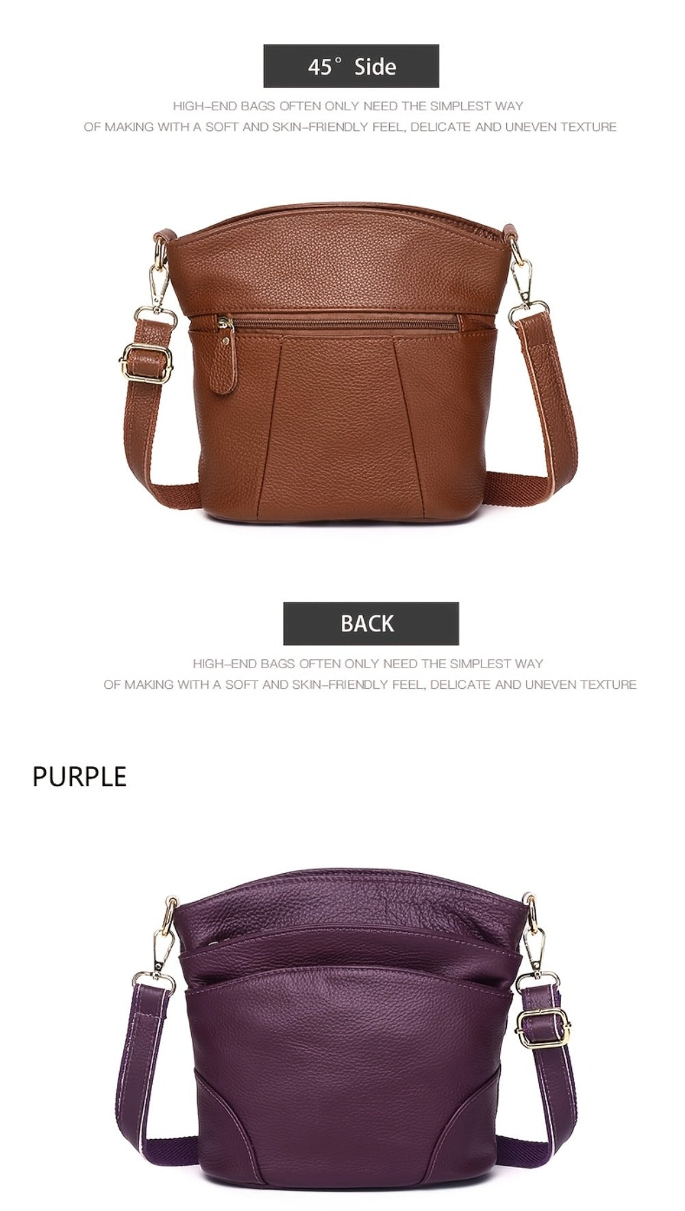 [Elegant Style] Genuine Leather Women'S Crossbody Bag, Double Pockets, Detachable Shoulder Strap, Zipper Closure, Multi-Functional Shoulder Bag, Satchel Bag