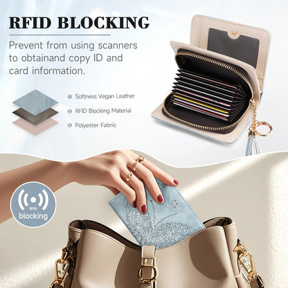 Women RFID Blocking Small Bifold Wallet, Compact Cash Clutch with Zipper Coin Pocket, Glittery Butterfly Design, Credit Card Holder, Travel Purse with Tassel Mom Gift Faux Leather Tote Zipper Daily