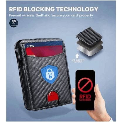 RFID-Blocking Men’s Bifold Pop-Up Wallet – Premium Carbon Fiber Slim Design with Magnetic Lock, Money Clip, and Transparent ID Window, Featuring Quick Card Access, Multi-Functional Storage, and Modern Minimalist Style, Perfect Everyday Wallet and Great Gi