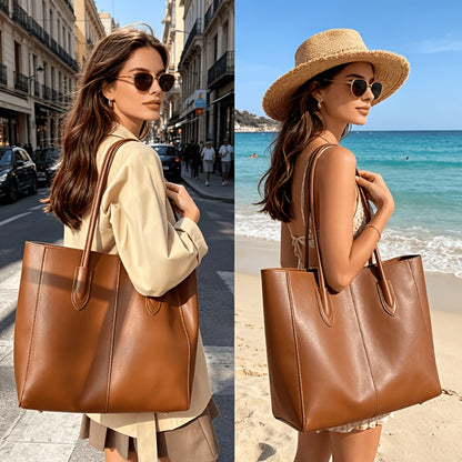 Women's Large Capacity Tote Bag - Work Bag with Kiss Lock Closure, Spacious Designer Handbag for Women, Office, Travel, Everyday Use - Coffee Brown, Elegant Minimalist Shoulder Purse, Ladies Handbags, Sturdy Handles