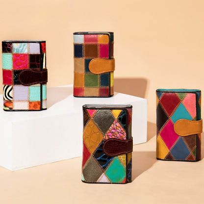 Stylish Handcrafted Bag Featuring a Compact Wallet, Vibrant Patchwork Coin Purse, Multiple Card Slots, And a Money Clip Made from Premium Cowhide