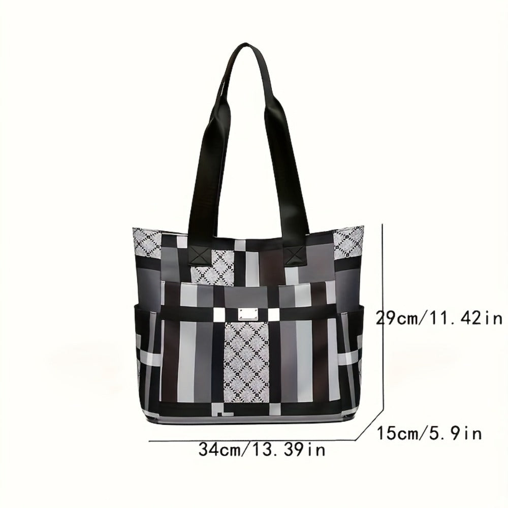 Fashionable Large-Capacity Geometric Handbag - Lightweight Nylon Shoulder Bag, Black, White And Grey Checkered Patterns, Foldable And Multi-Functional, Suitable for Daily Use, Casual Handbag | Modern Casual Bag | Foldable Handbag