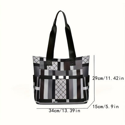 Fashionable Large-Capacity Geometric Handbag - Lightweight Nylon Shoulder Bag, Black, White And Grey Checkered Patterns, Foldable And Multi-Functional, Suitable for Daily Use, Casual Handbag | Modern Casual Bag | Foldable Handbag