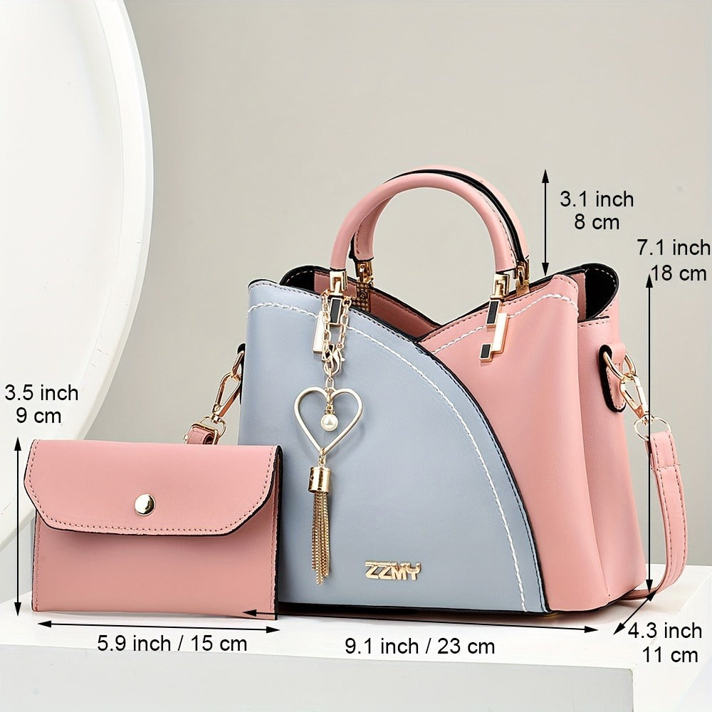 2pcs Set Fashion Colorblock Tote Bag with Shoulder Strap And Matching Clutch, Women'S Elegant Handbag And Crossbody Purse Combo