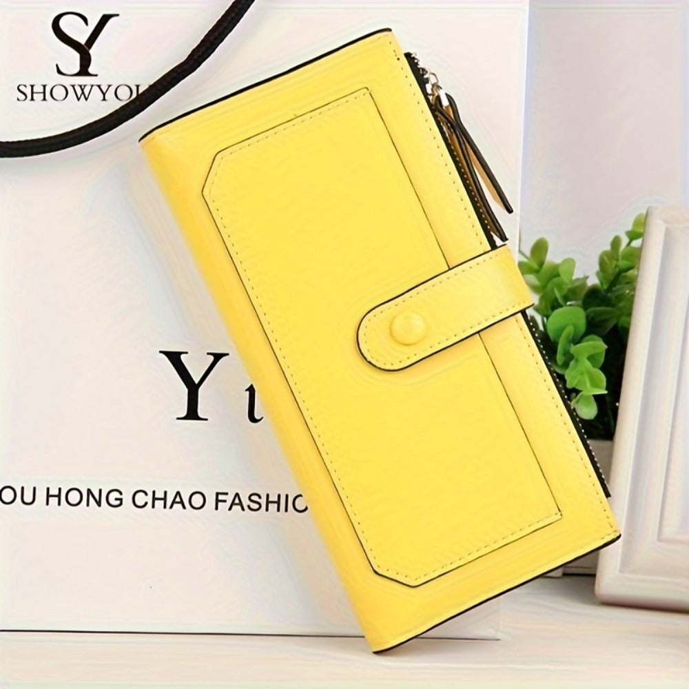 Women's Long Clutch Wallet, Retro Style Long Coin Purse, Foldable PU Leather Credit Card Holder With Zipper And Snap Closure