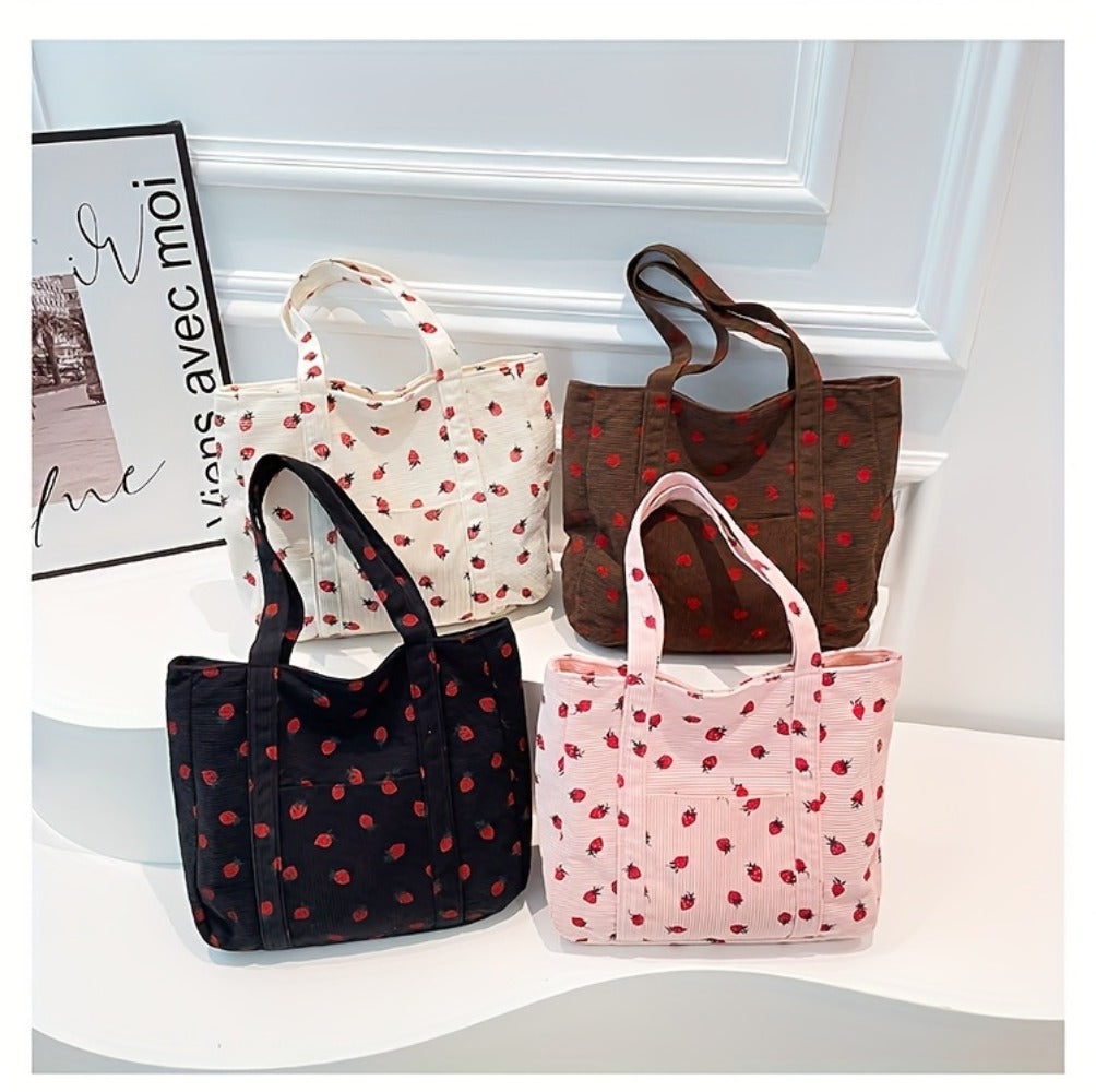 Women' Large Capacity Corduroy Tote Bag with Strawberry Pattern - /// Casual Handbag, Zipper Closure & - Corduroy Shoulder Bag for, Travel, Shopping