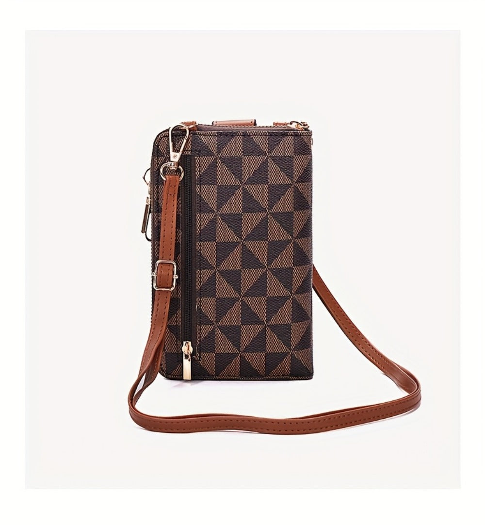 Women's Compact Crossbody Phone Wallet - Adjustable Strap, Outdoor Leisure Multi-Purpose Bag with Multiple Credit Card Slots & Zipper Closure, Blue & Brown Geometric Pattern, Durable Mini Shoulder Bag for Everyday Essentials, Perfect Valentine's Day Gift,