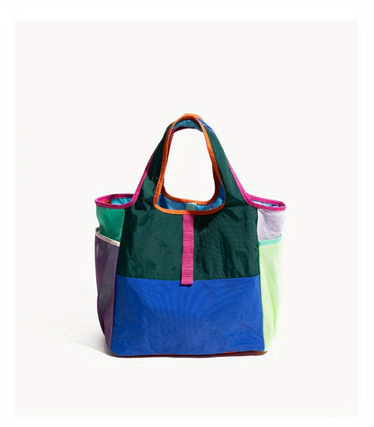 Lightweight Patchwork Handbag with Adjustable Strap & Snap Closure - Multicolor Patchwork (////), Machine-Washable Polyester Beach Satchel Bag Suitable for Casual & Dressy Outfits