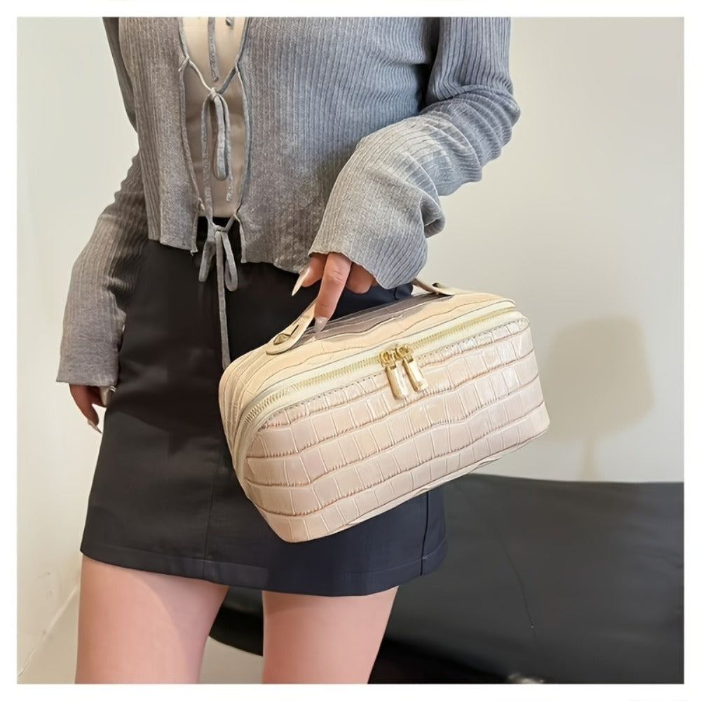 Travel Makeup Bag Crocodile Pattern Women's PU Portable Cosmetic Bag Luxury Golden Zipper Portable Organizer Storage Bag Large Capacity