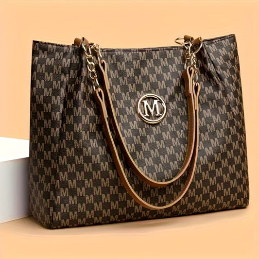 Stylish Handbag for Women Featuring a Golden Chain Shoulder Strap And an 'M' Emblem - Made of Synthetic, Available in Light Brown, White, And Black, with a Houndstooth Design, Zipper Closure, And Lining