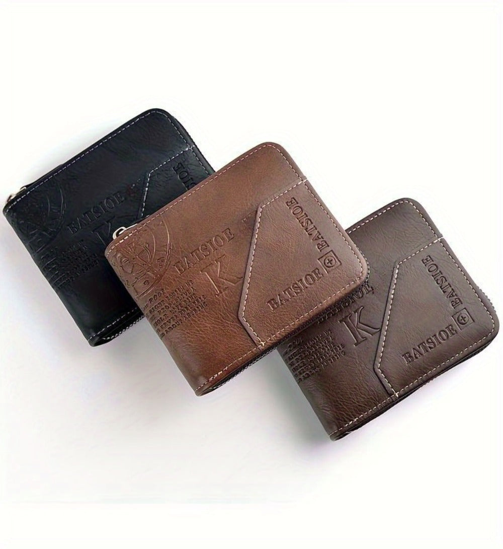 1pc Faux Leather Wallet for Men - Premium Retro Letter Embossed Design, Multiple Credit Card Slots, Zipper Closure, Stylish Gift for Gentlemen
