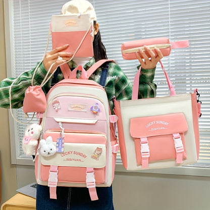 5pcs Solid Color Backpack, Women's Travel Bag, Large Capacity Backpack, Simple Tote Bag, Pencil Case, Casual Crossbody Bag, Lightweight Student Shoulder Bag