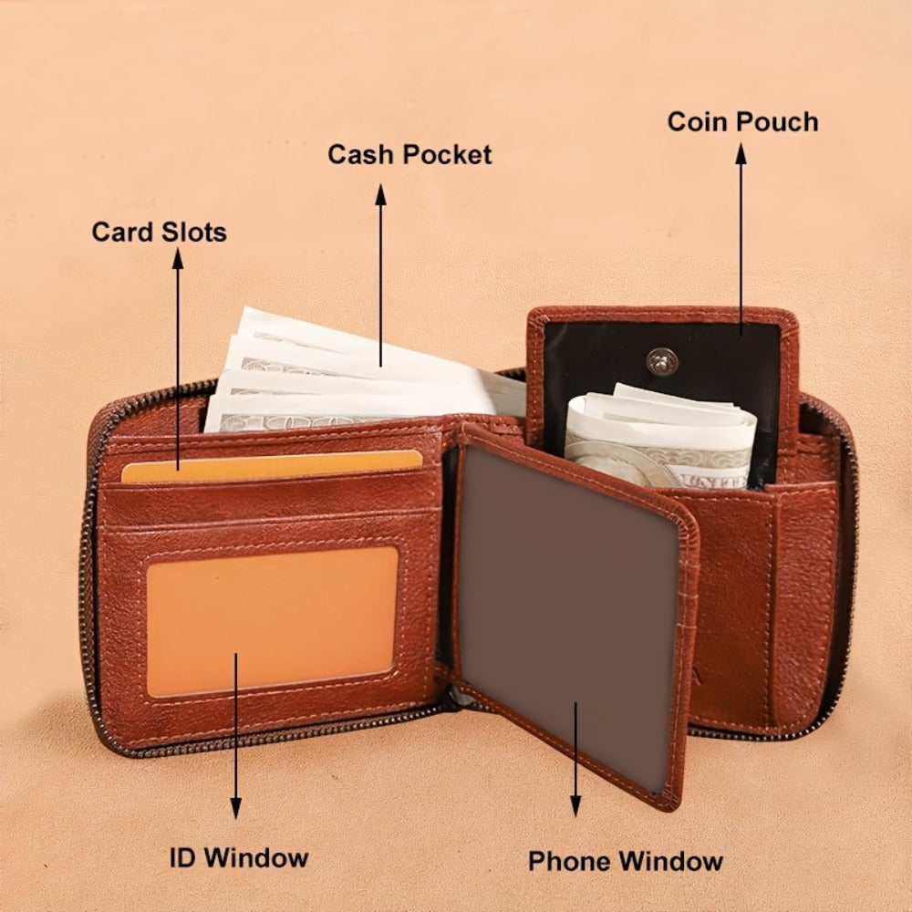 Cierhia Vintage Men'S Top Layer Cowhide Wallet with RFID Blocking Protection - Slim Brown Clutch with Zipper, Multi-Function ID & Credit Card Holder, Coin Pocket - Ideal Gift for Him, Short Wallet