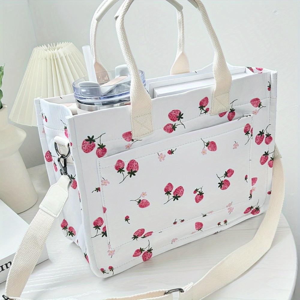 Tote Bag for Women Patched Purse Cute Shoulder Bag Multi-Pocket Satchel Handbag for Work Travel, Strawberry, Cherry, Daisy