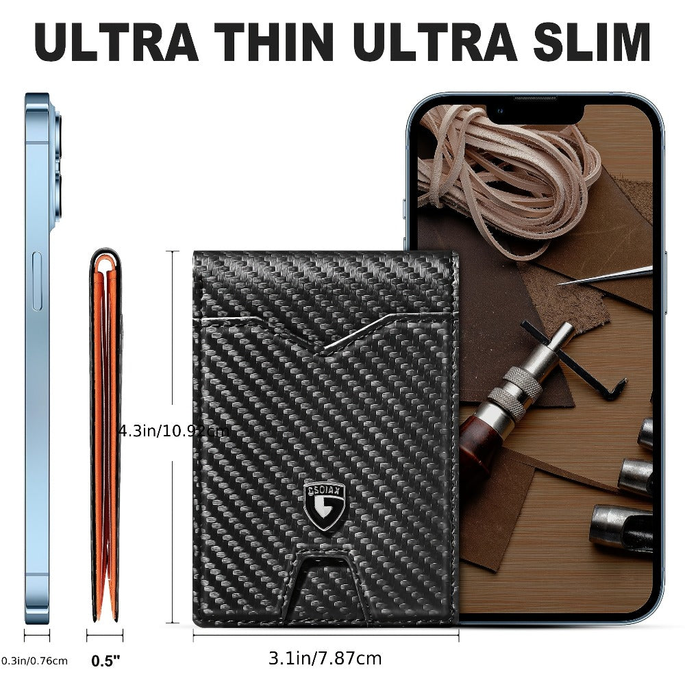 Slim Wallet for Men with 11 Card Slots Rfid Blocking Carbon Fiber Wallets Bifold Credit Card Holder Minimalist Leather with Gift Box