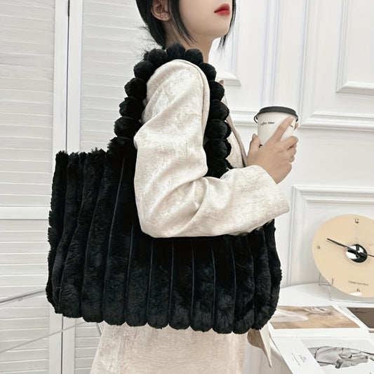 [Large Capacity Tote] Korean Fashion Large Capacity Tote Bag, Versatile Plush Shoulder Bag, New Fashion Solid Color Handbag