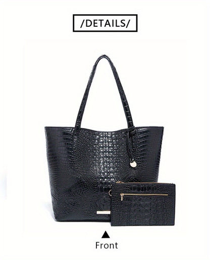 Stylish Two-Part Tote Bag Featuring a Crocodile Design And Elegant Metal Details, Offering Ample Storage for Versatile Carrying Options, Ideal for Various Occasions