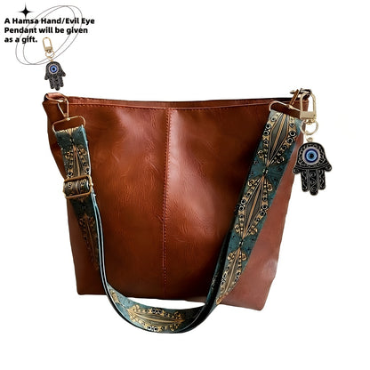 1pc Bohemian Geometric Strap Hobo Bag, Large Capacity Ethnic Crossbody Bag, Hamsa Hand/ Evil Eye Pendant, Women'S Retro Style Shoulder Bag For Best Birthday Gifts, Christmas And Valentine'S Day Gifts