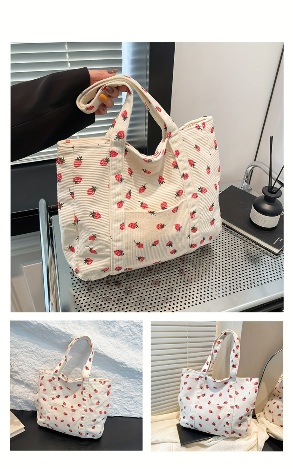 Women' Large Capacity Corduroy Tote Bag with Strawberry Pattern - /// Casual Handbag, Zipper Closure & - Corduroy Shoulder Bag for, Travel, Shopping