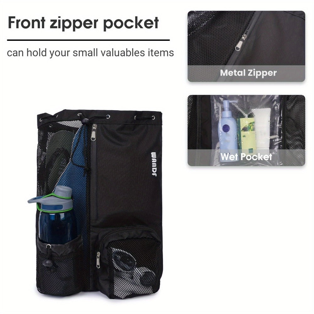 [Quick-Dry Swim Backpack] Quick-Dry Lightweight Swim Backpack with Drawstring Closure | Foldable Gym & Travel Bag, Ergonomic Shoulder Strap, Dry-Wet Separation Compartment, Mesh Pockets - for Pool, Beach, Gym - Durable Polyester