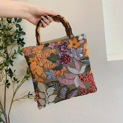 [Retro Bamboo Tote] Premium Retro Bamboo Tote Bag | Women's Hand Carry Heavy Industry Embroidery Color Sequins Tide Dinner Bag