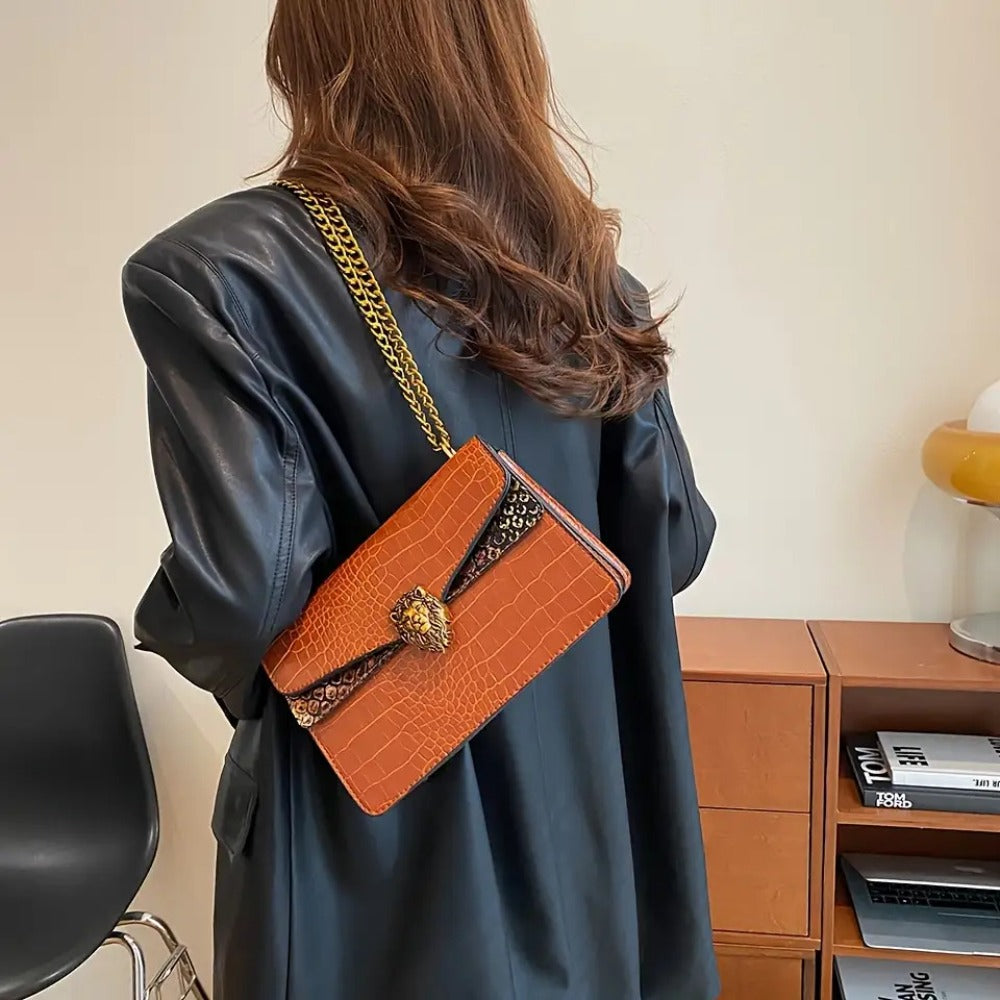 2025 New Women'S Crossbody Bag with Golden Chain And Animal Headdress- Small Square Shoulder Bag, Urban Fashion Buckle Closure Design, Suitable for Casual And Formal Looks, Multifunctional Accessory, High-End Elegant Handbag, Fashion Item