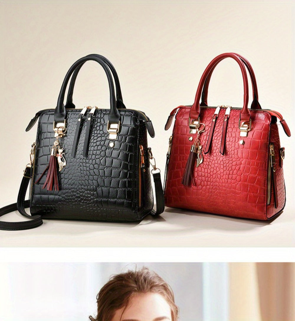 Fashion Crocodile Pattern Women's Handbag 2pcs Set, Women's Shoulder Bag with Tassel Decoration, Metal Cat Pendant Crossbody Bag