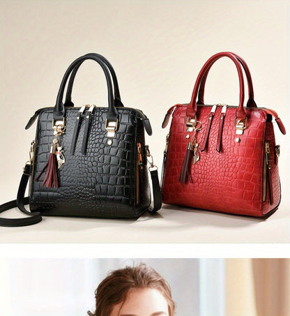 Fashion Crocodile Pattern Women's Handbag 2pcs Set, Women's Shoulder Bag with Tassel Decoration, Metal Cat Pendant Crossbody Bag